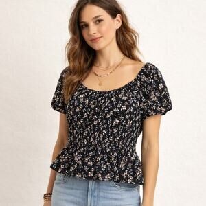 Moa Moa Off-the-Shoulder Short Sleeve Crop Top Black Floral Ruffled Hem Jr. Sz L